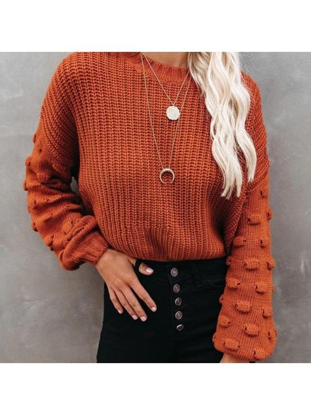 

women's sweaters women autumn dot puff long sleeve sweater round neck chunky crochet knitted pullover crop solid color loose jumper, White;black