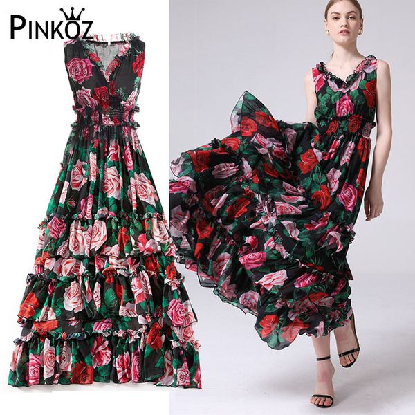 

summer plus size maxi dress women's elastic waist tiered layer hem rose floral print vintage elegant long designer 210421, Black;gray