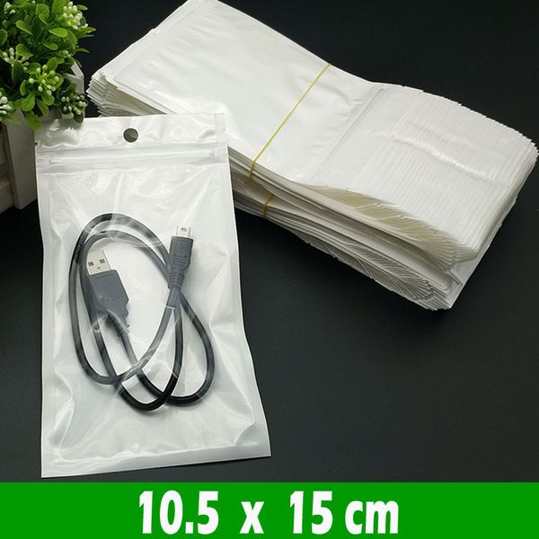 500 pcs 10.5x15cm Clear Branco Pérola Poli Poly Opp Embalagem sacos Zipper Lock Pacotes de varejo de jóias Comida PVC Saco de PVC Hang Selo Self Selfable Cable Case Bolsas