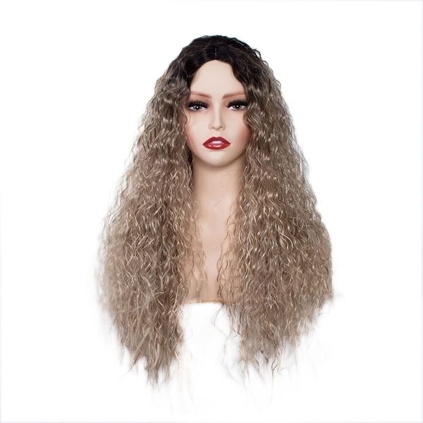 

long curly hair wig gradually changing color corn perm chemical fiber wig headgear xuchang, Black