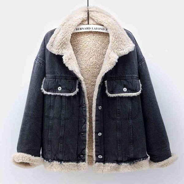 

women's jackets vintage denim cotton coat women clothes winter korean loose plus velvet lambswool thick warm jeans jacket ladies h, Black;brown