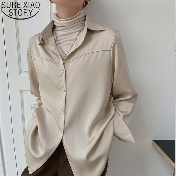 

vintage long sleeve shirt plus size white women korean loose clothes apricot button office lady s 13170 210506