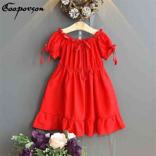 

gooporson kids dresses for girls summer red short sleeve princess dress off the shoulder little girl costume beach party clothes 210715, Red;yellow