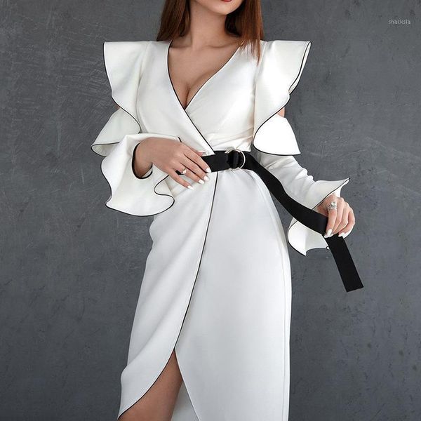 

casual dresses women 2021 autumn fashion v-neck slim asymmetrical elegant dress vintage ruffles flare sleeve solid party vestidos, Black;gray
