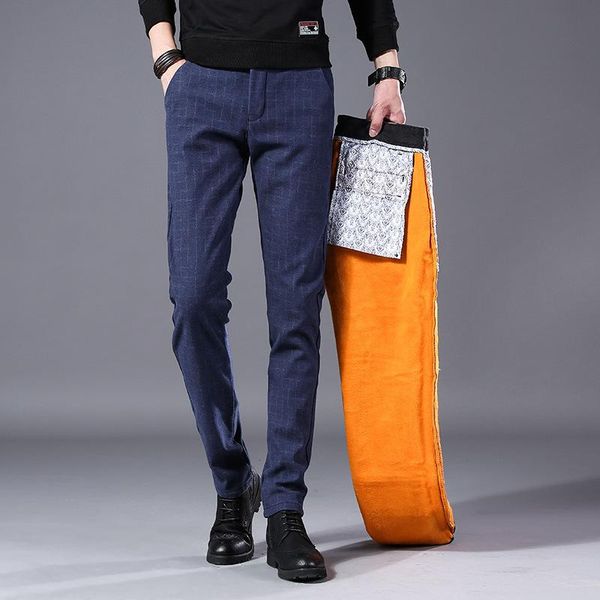 

men's pants thick plaid casual plus velvet warm fashion wild feet slim trousers gold padded, Black