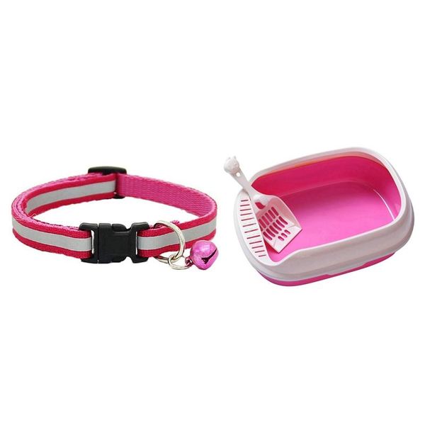 

adjustable reflective pet collar safety release buckle (pink) & toilet bedpan cat litter box dog tray toilet(pink) collars leashes