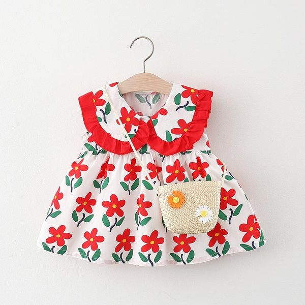 

kids girls dress print with bag summer 2021 girl's dresses, Red;yellow
