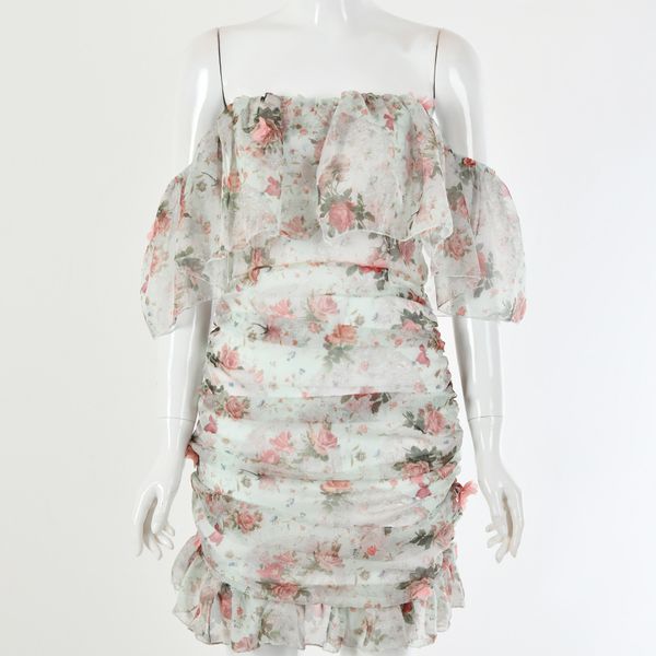 

shestyle flower print slash neck chiffon dress women ruffles ruched boho off shoulder backless beachwear summer dresses eleganting, Black;white