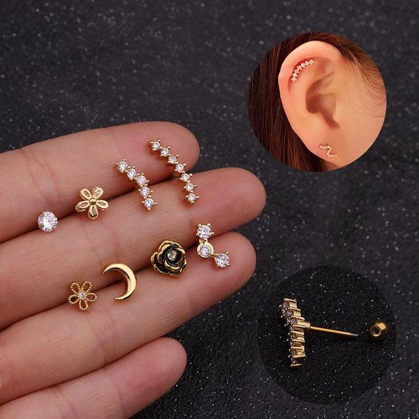 

stud 2pcs moon flower women's small earrings cz cartilage tiny tragus earring septum piercing body jewelry gifts, Golden;silver