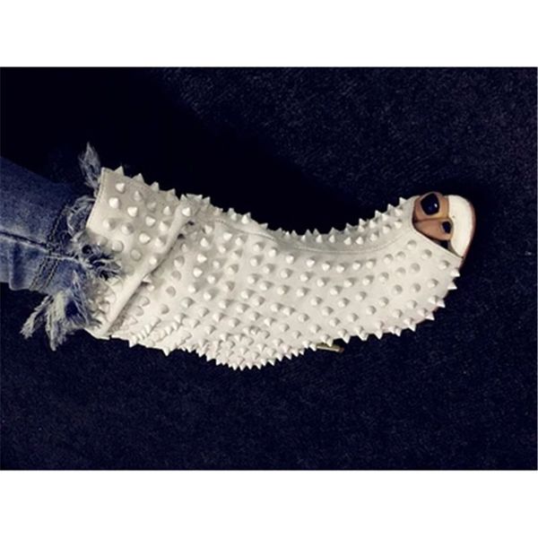 

boot open-toed white beige rivet toe woman slipon stiletto high heels studded street short booties, Black