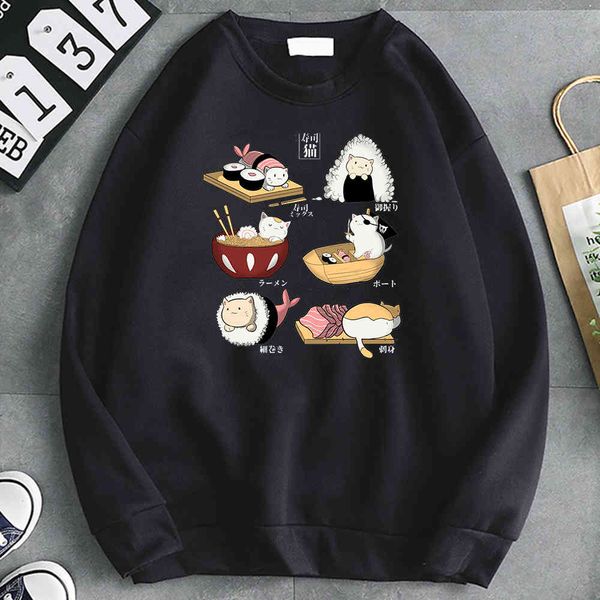

men's cartoon sushi printed sweatshirt, bt lined soft long sved sweater, punk style, hip hop, round neck, street cloth, Black