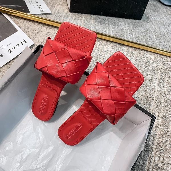 

slippers 2021 woven woman wear square head flat bottom sandals and in summer, Black
