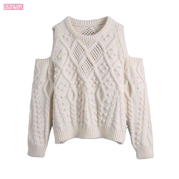 

strapless women chic hollow round neck long sleeve knit sweater vintage solid color chic female 210507, White;black