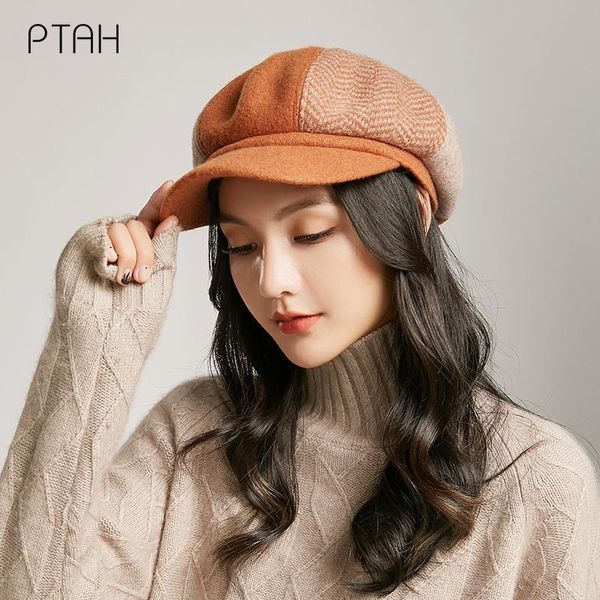 

stingy brim hats [ptah] fashion octagonal flat cap women girl beret artist warm softer autumn winter beanie caps vintage 100% wool, Blue;gray