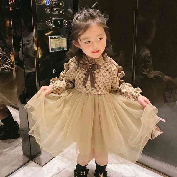 

children's 2021 girls autumn long sleeve dress printed round neck bow princess yarn skirt, Red;yellow