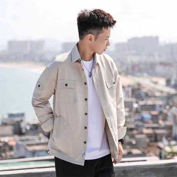 

work shirt coat men's spring and autumn long sleeve jacket multi pocket shirt trend loose casual top, White;black