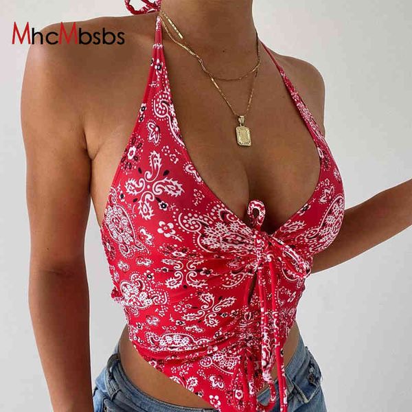 

mhcmbsbs sleeveless halter patchwork print bandage camis summer women fashion streetwear y2k crop 210517, White