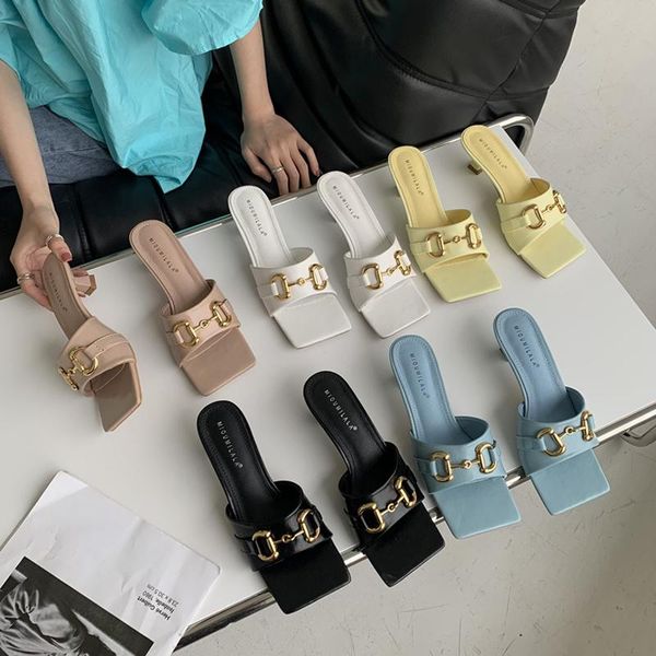 

summer slippers women shoes high heels metal decoration slides ladies fashion open toe sandals slip on luxury zapatos de mujer, Black