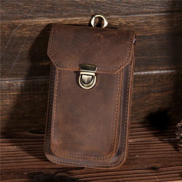 

crazy horse genuine leather retro waist bags male mini fanny packs hook hip belt pack wallet phone pocket for men