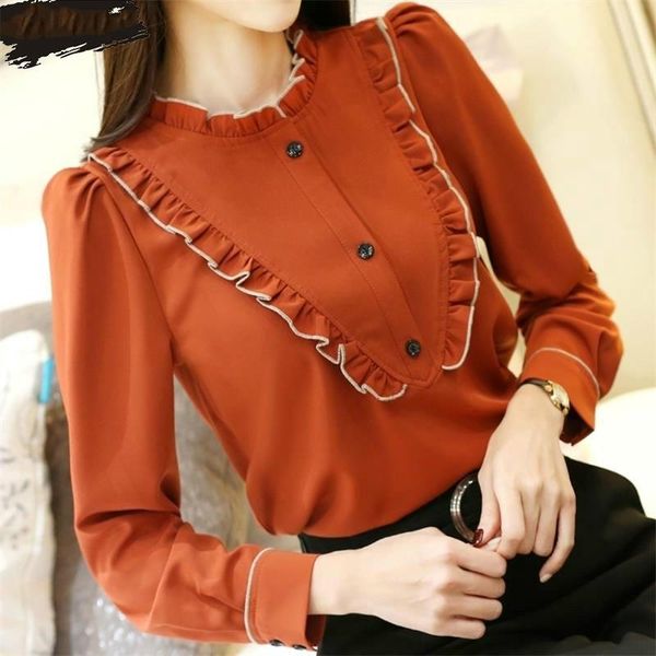 

women's blouses & shirts women 2021 spring autumn fashion stand collar chiffon female long sleeve ruffles ladies loose casual x114, White