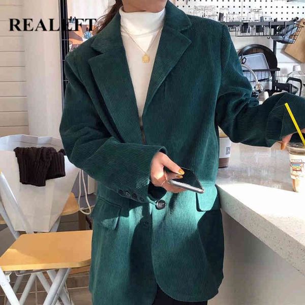 Autunno Inverno Vintage Verde Velluto a Coste Giacca da Donna Allentato Manica Lunga Gira Giù Cappotto Giacca Tasca Femminile 210428