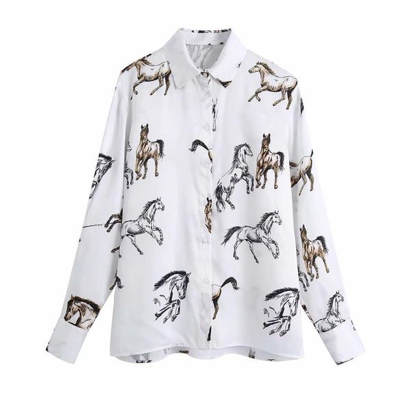 

women button up shirt horse printed long sleeves lapel collar elegant loose blouses 210420, White