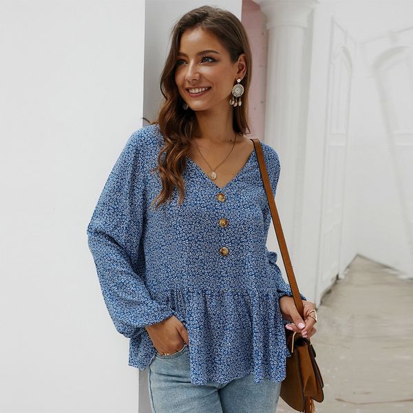 

spring summer elegant floral print blouse women cotton full sleeve casual ruffles v neck shirt new 210413, White