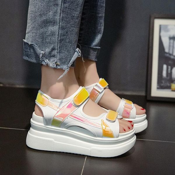 

dress shoes 2021 fashion high heel flat platform sandals open toe reflective color leather white womens wedge sandal, Black