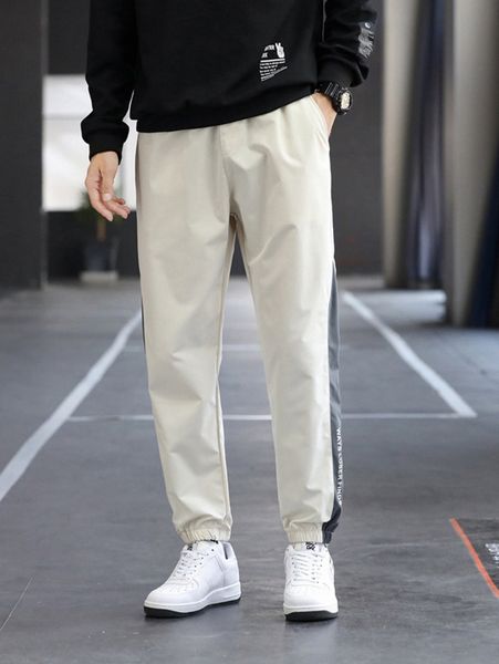 

men drawstring waist contrast letter side seam pants e8a4#, Black