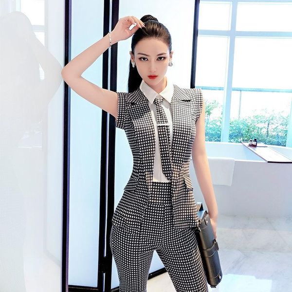 

women's two piece pants 2021 summer sleeveless blazer three pieces set fashion plaid pullover work suits office lady blouse trousers s, White