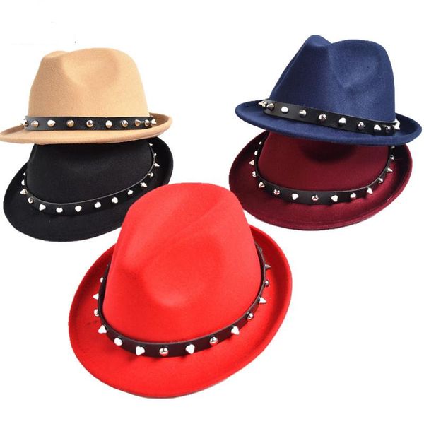 

wool felt hat cap jazz fedora hats with rivet stingy brim dance perform caps panama trilby chapeau for men women wide, Blue;gray