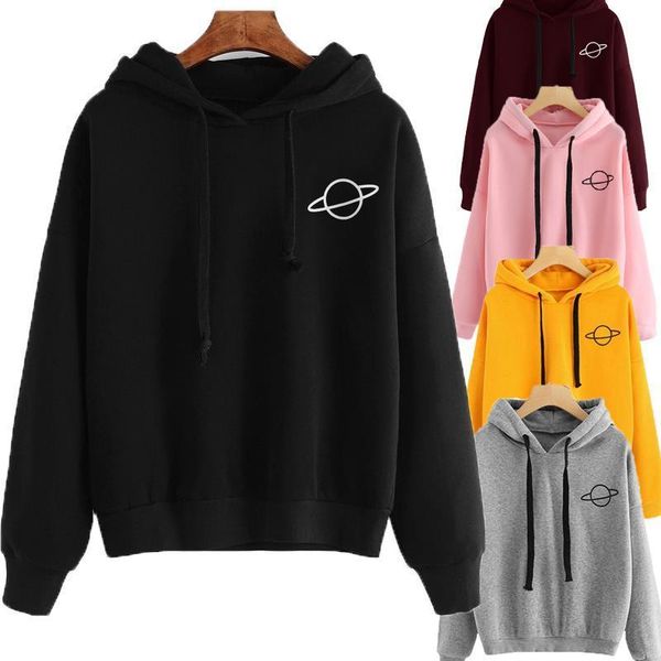 

hoodies casual kpop planet womens t shirt print solid loose drawstring sweatshirt long sleeve hooded autumn female pullover, White