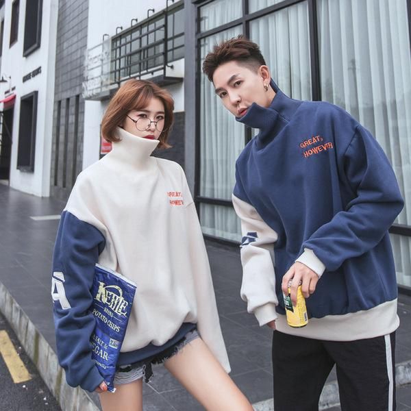 

women's hoodies & sweatshirts patchwork lovers' turtleneck autumn korean embroidery stitching women sweatshirt couples loose haraj, Black
