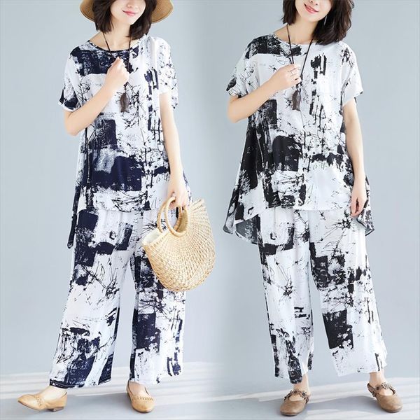 

cotton linen blouse and women tracksuits wide leg pants summer 2 piece set plus size oversized baggy casual loose vintage, Gray