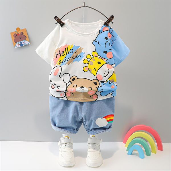 

boys clothing sets summer children kids casual clothes short sleeve cartoon toddler infant t shirt denim shorts, White