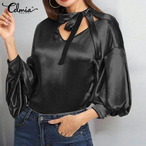 

women's blouses & shirts fashion celmia women elegant satin slik blouse lantern sleeve bow tie office lady shirt v neck solid casua, White