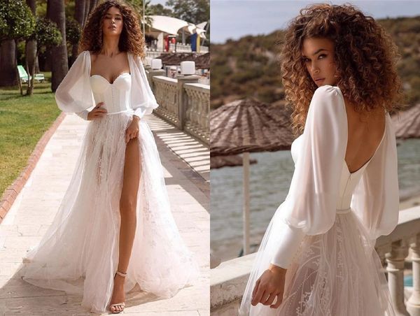 

high slit beach bohemian wedding dresses bridal gown with long poet sleeves open back lace tulle summer for women plus size petite designer, White