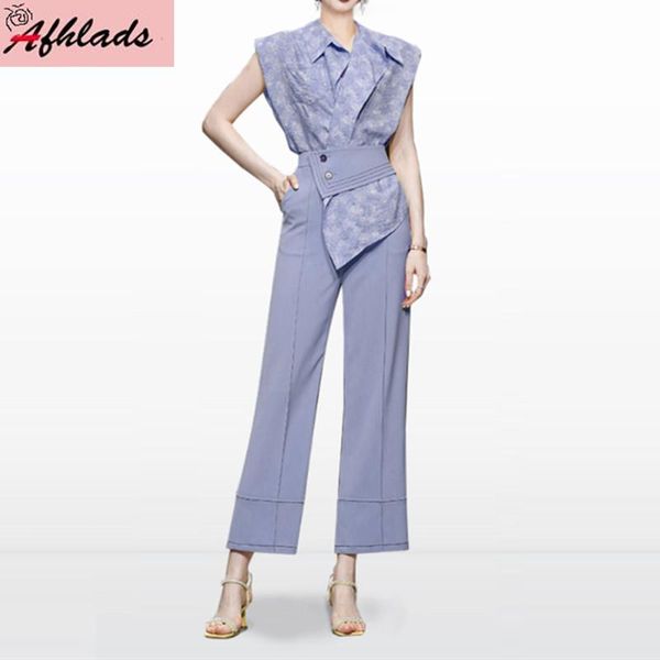 

women's two piece pants 2021 summer wear fashion casual sleeveless turn-down collar purple shirt + wide leg two-piece sets, White