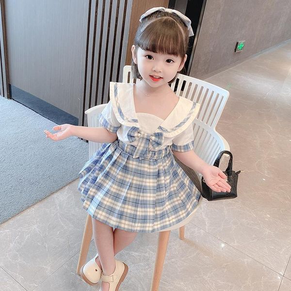 

girl's 2021 japanese navy bow jk uniform suit baby 2 years old summer 3 short sleeve 4 5 blue plaid skirt trend clothing sets, White