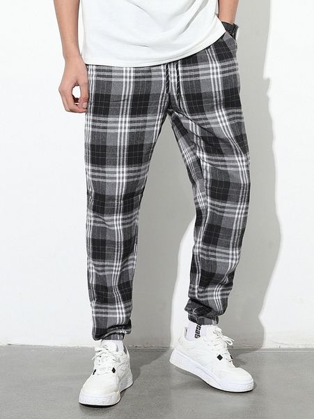 

men plaid drawstring waist pants b23v#, Black