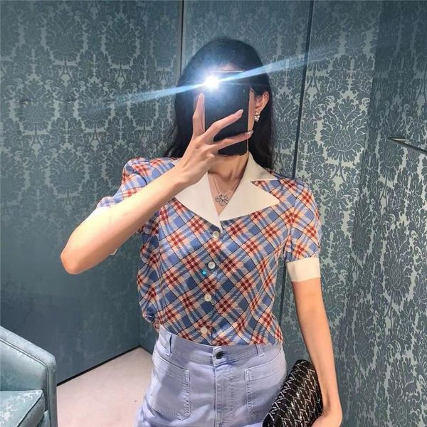

women's blouses & shirts purple plaid shirt women slim puff sleeve blouse retro short-sleeved button brand summer clothes, White