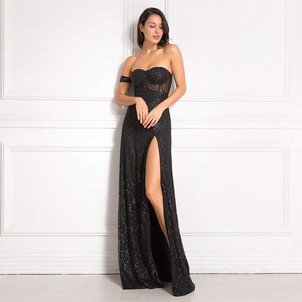 

off shoulder sparkle bling glitters floor length split party dress full lining padded backless long black 210608, Black;gray