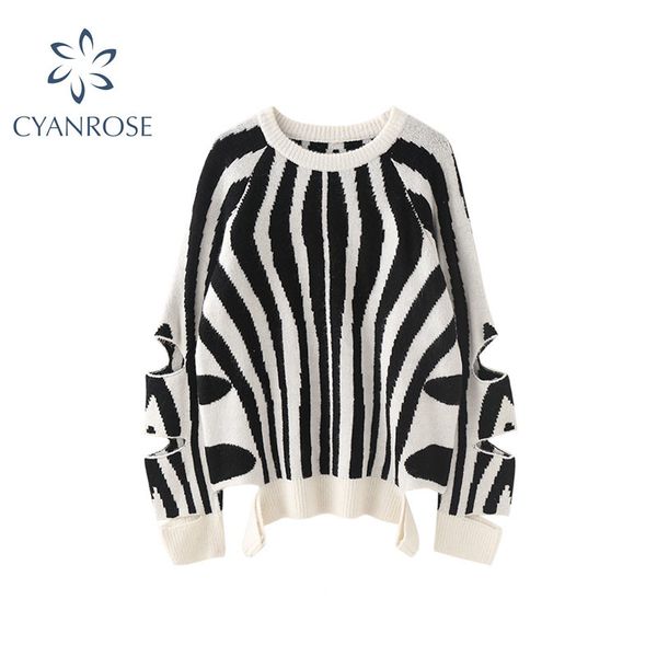 

vintage casual zebra print sweater women long sleeve knitted pullover o neck autumn winter fashion knit female sweater 210417, White;black