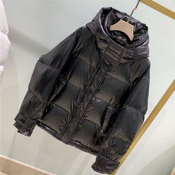 

down glossy jacket women short winter korean white duck down coat thick loose hooded warm parkas snow outwear, Black