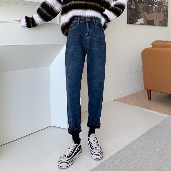 

women's jeans high waist 2021 winter straight plus fleece washed loose boyfriend pants baggy women, Blue