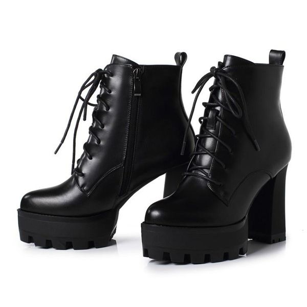 

boots 2021 autumn winter cowhide black round head water table super high heel thick lace up women's short