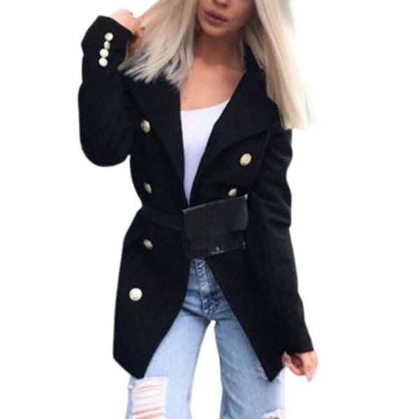 

women's wool & blends slim women coat trench solid color double-breasted turn-down collar autumn winter woolen office lady jacket overc, Black