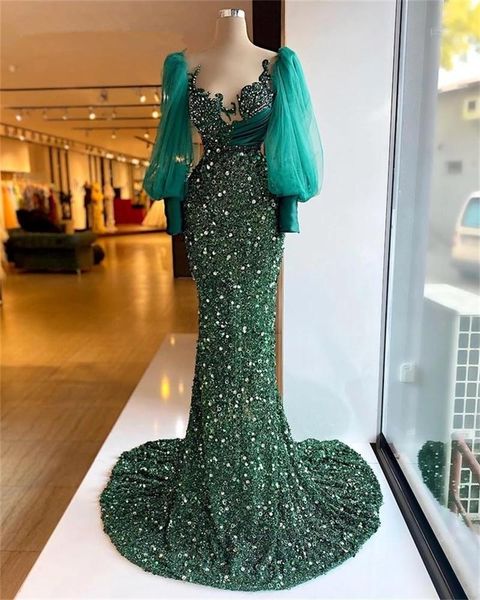

party dresses green mermaid prom pageant 2022 sparkly beaded sequins lace long sleeve arabic aso ebi evening dress vestidos de, White;black