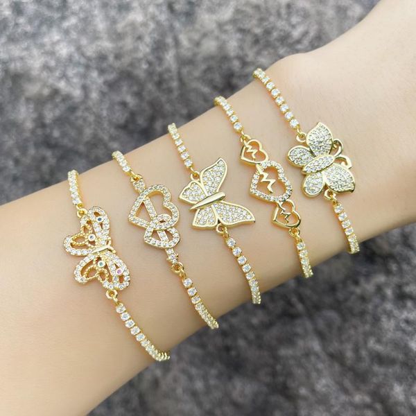 

charm bracelets flola gold chain butterfly heart for women copper zircon white stone tennis bracelet gift fashion jewelry brtd76, Golden;silver