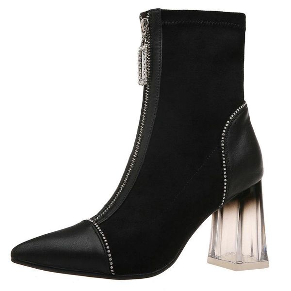 

boots autumn winter patchwork genuine leather women ankle zipper high heels party night club shoes woman short size 42 43, Black
